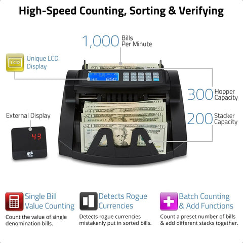 Pro Level Single Denomination Bill Counter Machine With Smart Counterfeit Detector And Lightning Fast Infrared Sensors, showing LCD display and bills.