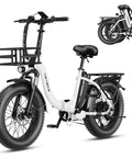 Ranger 2.0 Electric Bike Rollin Easy At 25 Mph With A Beefy 55 Mile Range 48V 15Ah Battery 500W Motor 4 Inch Fat Tires close-up of foldable fat tire e-bike with rear rack and shock absorber.