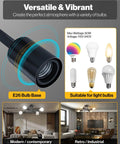 E26 bulb base with various bulb types, showing compatibility with modern and retro interiors, 60W max, 110V-240V.