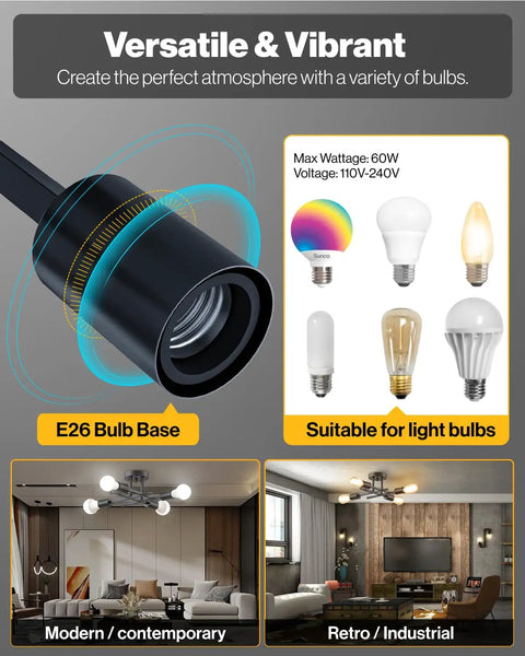 E26 bulb base with various bulb types, showing compatibility with modern and retro interiors, 60W max, 110V-240V.