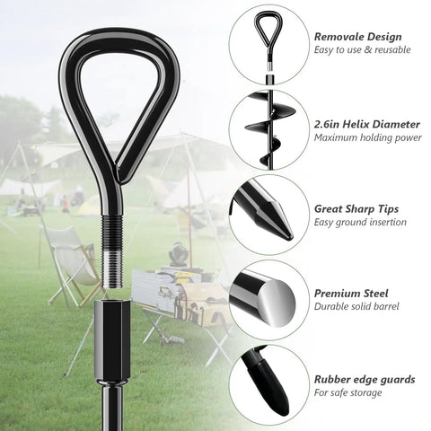 Rock Solid Legit Heavy Duty 18 Inch Ground Anchors screw in earth stakes with T handle wrench, showing design and sharp tips.