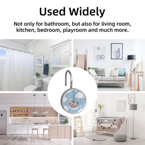 12 Pcs Totally Adorable Sloth Shower Curtain Hooks With Clouds Set For Decorative Animal Motif Rust Proof Glide Smoothly Durable Resin And Stainless Steel Rings For Universal Fit On Bathroom Curtain Rods used in various rooms.