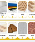 Various building materials labeled: thin sheet metal, PVCu, MDF, chipboard, softwood, hardwood, concrete, brick.