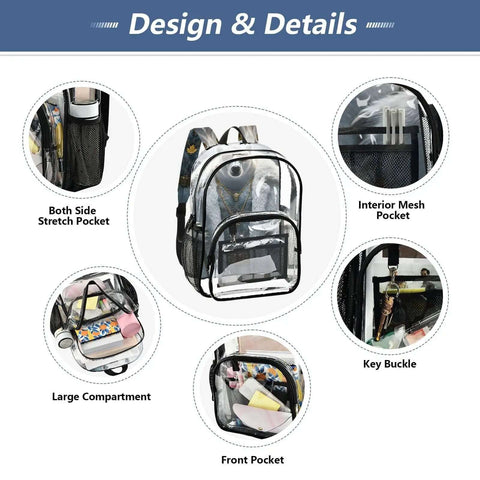 Clear PVC Backpack See Through Bookbag With Front Mesh Pocket And Side Bottle Pockets 12L Lightweight Durable Unisex