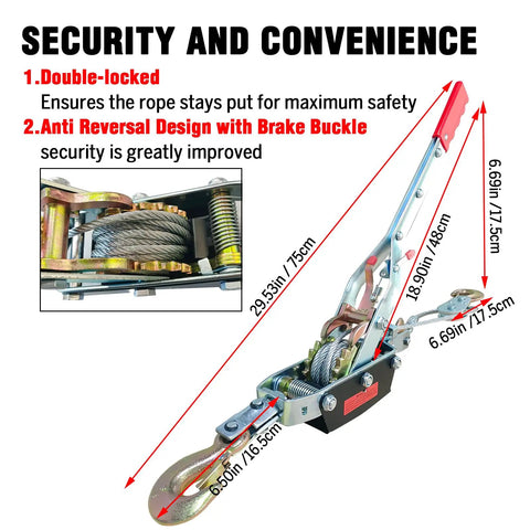 Heavy Duty 11,000 Lbs Come Along Winch with 12 Ft Steel Cable and 3 Hooks, dual gear power puller, security features highlighted