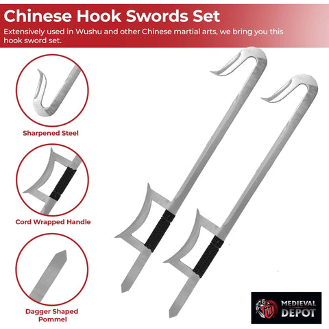 Chinese Hook Swords Set For Wushu And Martial Arts Training, 33 Inch Durable Alloy Blades with Cord Wrapped Handles