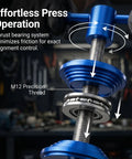 Close-up of Bicycle Headset And Bottom Bracket Press Tool Set with ball bearing design and precision screw thread in operation.