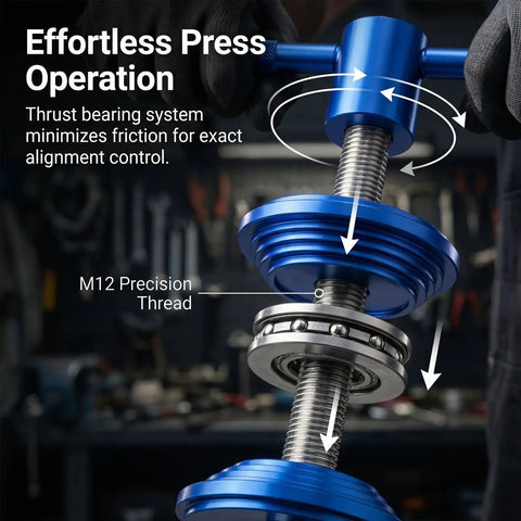 Close-up of Bicycle Headset And Bottom Bracket Press Tool Set with ball bearing design and precision screw thread in operation.