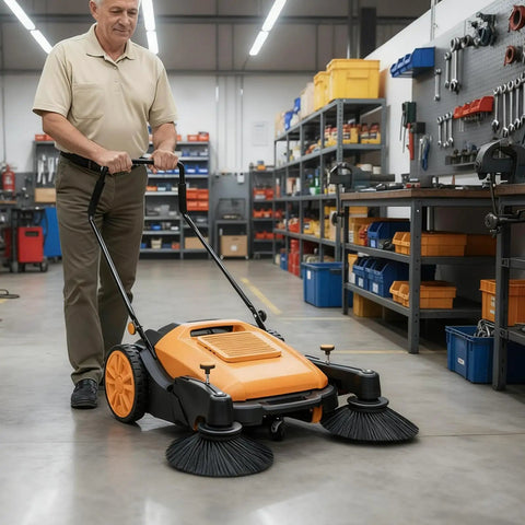41 Inch Walk-Behind Floor Sweeper Hand Push Manual Dust Collector With 55 Litre Bin And Side Brushes For Warehouse Gym Concrete Heavy Duty Industrial Use Abs Nylon Construction