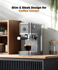Premium Espresso Coffee Machine With Steam Wand For Cappuccino And Iced Cold Brew Barista Level Shot Pulls Total Coffee Game Changer Smooth Daily Grinds Gray on countertop with fresh brewed espresso.