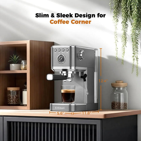 Premium Espresso Coffee Machine With Steam Wand For Cappuccino And Iced Cold Brew Barista Level Shot Pulls Total Coffee Game Changer Smooth Daily Grinds Gray on countertop with fresh brewed espresso.