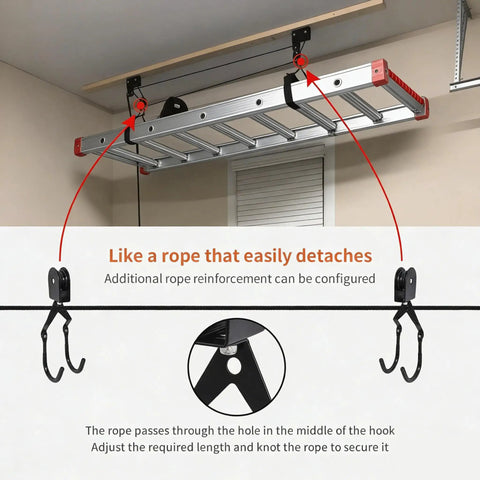 Dual Overhead Ladder Storage Hoist For Garage Or Shed Ceiling Pulley Lift System Holds 125 Lb And Fits Folding Telescoping Extension And Step Ladders Easy Install And Smooth Retrieval visible in use with ceiling mount and hooks