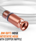 Close-up copper nipple end on clear gas siphon hose with blue seal, 1/2-inch connector