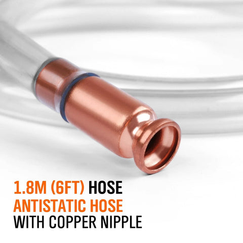 Close-up copper nipple end on clear gas siphon hose with blue seal, 1/2-inch connector