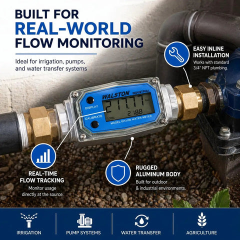 Three Quarter Inch Digital Water Meter Inline Flow Meter With Female NPT Threads To Track Water Usage In Gallons Quarts Pints And Liters Battery Powered By Two AAA Batteries Factory Calibrated For Water And Recalibratable. Inline 3/4 in aluminum meter on irrigation pipe