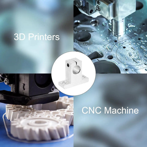 4 Pack SK13 Aluminum Linear Rod Rail Shaft Supports For 13mm Diameter Shaft Mounting Brackets For CNC Machines And 3D Printers Rail Guide Clamps For Precise Automation Silver Tone shown in a collage with a CNC machine and 3D printer in use.