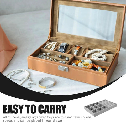 Slick Velvet Jewelry Tray With Anti Scratch Compartments For Rings And Bracelets Includes Dual Grid Foam Inserts organized with beads, bracelets, and earrings.