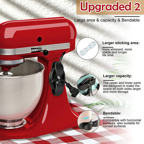 Red mixer with cord organizer for kitchen appliances 15 pack with 3M adhesive cable wraps and power holder clips, on counter.