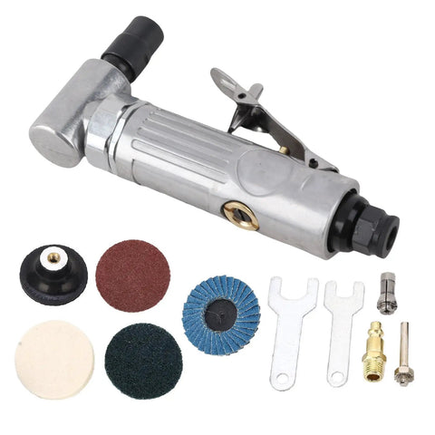 Heavy Duty Right Angle Air Die Grinder With 0.3 HP Motor And Inline Regulator Spinning Up To Twenty Thousand RPM For Tough Automotive Detailing And Metal Working Tasks Without Skipping A Beat with various accessories.
