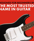 Close-up of black Stratocaster Style Electric Guitar Starter Kit with Frontman 10G Amp, showing strings and neck on red background.