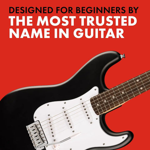 Close-up of black Stratocaster Style Electric Guitar Starter Kit with Frontman 10G Amp, showing strings and neck on red background.