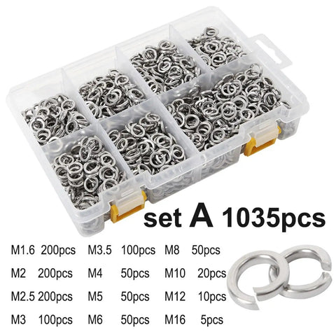 1035 Pcs 304 Stainless Steel Lock Washers Set M1.6 M2 M2.5 M3 M3.5 M4 M5 M6 M8 M10 M12 M16 With Spring Split Lock Washers And Elastic Gasket Kit For Nuts And Bolts Vibration Resistance, assorted washers in case