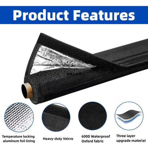 Close-up of Three Layer Copper Pipe Insulation Sleeve with Oxford cover, aluminum lining, Velcro, for HVAC, size 72 by 10 inches.