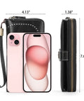 Lux Waxed Leather Wallet For Women With RFID Blocking Large Bifold Card Holder And Wristlet Clutch next to smartphone