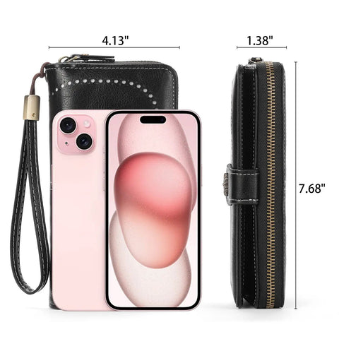 Lux Waxed Leather Wallet For Women With RFID Blocking Large Bifold Card Holder And Wristlet Clutch next to smartphone