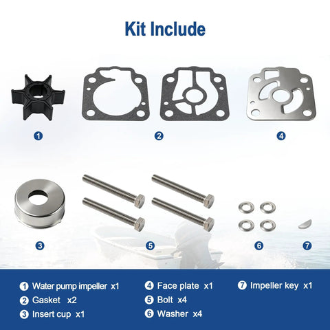 Water Pump Impeller Repair Kit 3T5 87322 3 for Nissan Tohatsu Outboard 40 50 HP with bolts, gaskets, and components displayed.