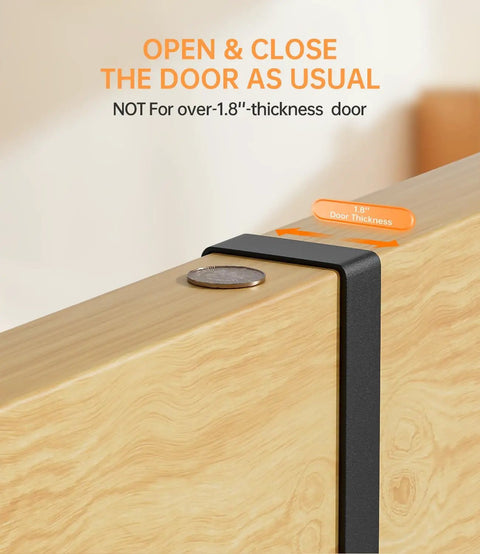 Over The Door Broom And Mop Holder in 304 stainless steel shown mounted on a door, accommodates up to 1.8-inch thickness.
