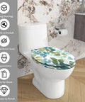 Elongated Resin Toilet Seat for Bathroom Replacement on toilet, features colorful leaf design, easy to clean, suitable for standard sizes.