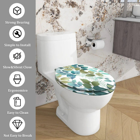 Elongated Resin Toilet Seat for Bathroom Replacement on toilet, features colorful leaf design, easy to clean, suitable for standard sizes.