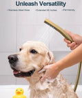 GRANDJOY 12" Ceiling Shower System with Handheld Spray, Brushed Gold being used to wash a golden retriever.
