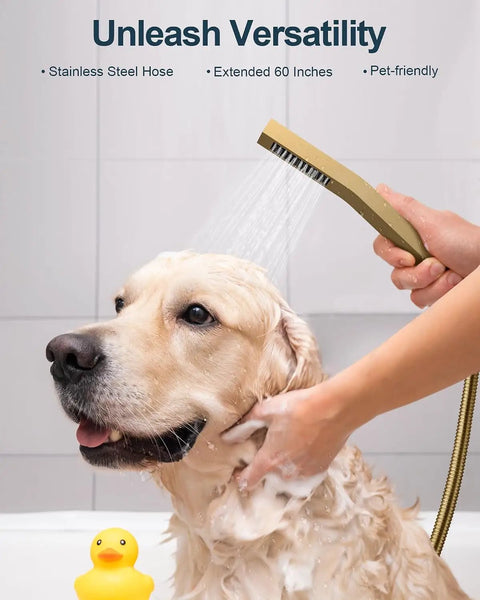 GRANDJOY 12" Ceiling Shower System with Handheld Spray, Brushed Gold being used to wash a golden retriever.