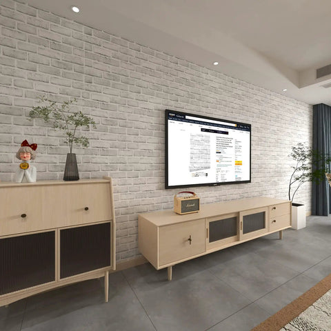 Living room with brick wallpaper peel and stick 3D faux brick self adhesive removable wallpaper backsplash for walls white and gray