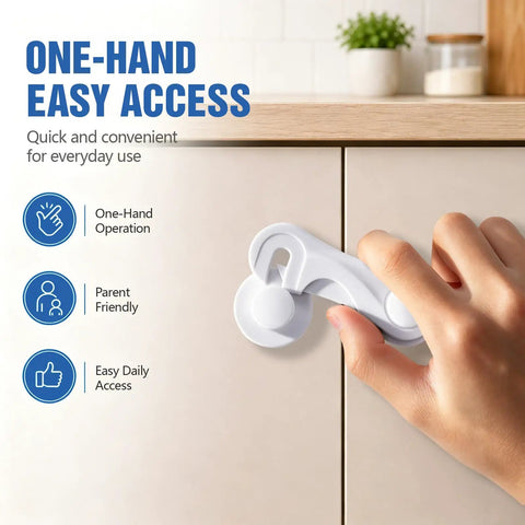 One Hand Release Kid Proof Cabinet Locks No Drill Adhesive For Cabinets And Drawers Keeps Curious Kids Out Of Kitchen Bathroom And Storage Areas Easy Install 12 Pack showing one-hand use on cabinet.