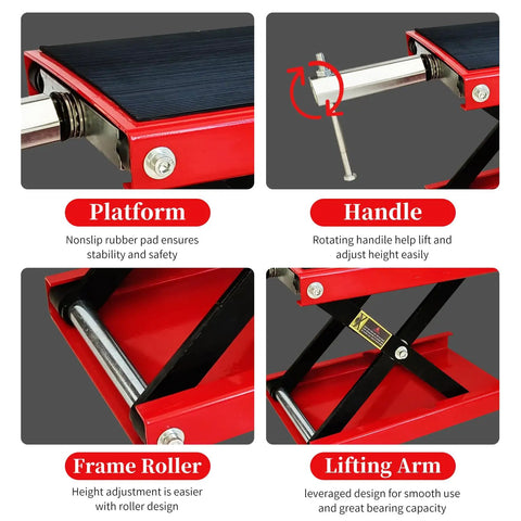 1100Lb Motorcycle Lift Scissor Jack With Steel Wide Deck For Cruisers Dirt Bikes And ATVs Beefy Heavy Duty Bike Hoist parts view