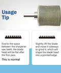 Knockout Diamond Oscillating Multi Tool Blade Sharpener For Hand Drills with usage tips for sharpening blades.
