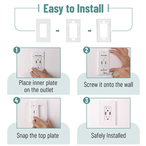 Installation steps for Screwless Decorator Wall Plates 6 Pack, 1 Gang, White Switch Plate Covers with hands demonstrating assembly.