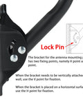 Close-up of adjustable antenna mounting pole bracket showing lock pin and instructions for wall or horizontal installation.