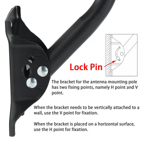 Close-up of adjustable antenna mounting pole bracket showing lock pin and instructions for wall or horizontal installation.