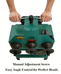 Dinenovate Electric Hydraulic Tube Bender With 17 Dies For Cold Bending Round And Square Pipes showing manual adjustment screw for angle control.