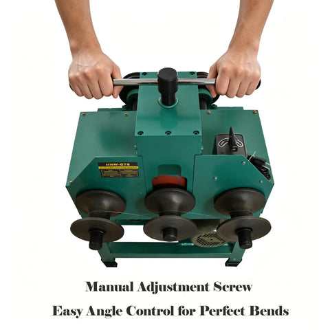 Dinenovate Electric Hydraulic Tube Bender With 17 Dies For Cold Bending Round And Square Pipes showing manual adjustment screw for angle control.