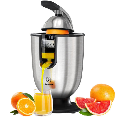 Eurolux Premium Electric Orange Juicer Featuring 160W High-Torque Motor For Commercial-Grade Citrus Squeezing Power pouring juice.