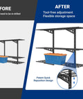 Before and after view of Garage Must Have 3 Tier Wall Shelving System For Heavy Duty Storage with adjustable height and 1x3ft shelves.