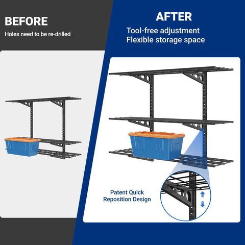 Heavy Duty Garage Wall Shelving Kit, 3-Tier 1x4ft Adjustable Floating Shelves, tool-free adjustment illustration