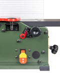 Six Inch Spiral Cutterhead Benchtop Jointer Loaded With Teflon Coated Aluminum Tables And 12 Durable Carbide Inserts Driven By A 10 Amp Motor controls and settings close-up.