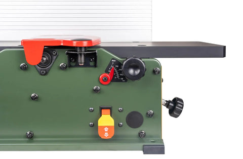 Six Inch Spiral Cutterhead Benchtop Jointer Loaded With Teflon Coated Aluminum Tables And 12 Durable Carbide Inserts Driven By A 10 Amp Motor controls and settings close-up.