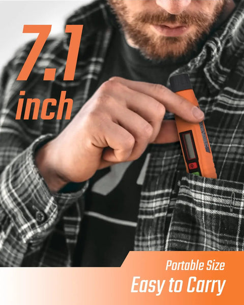 Man placing Gas Leak Detector With Dual Sensitivity For Home And RV, Audible And Visual Alarm in shirt pocket, 7.1 inch size.